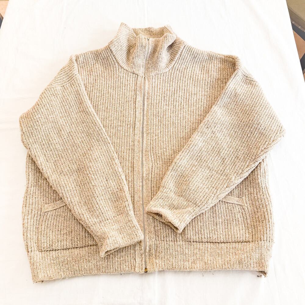 JM Pulls Vintage 90s Men's Beige Wool Knitted Jumper Full Zip France Size Large